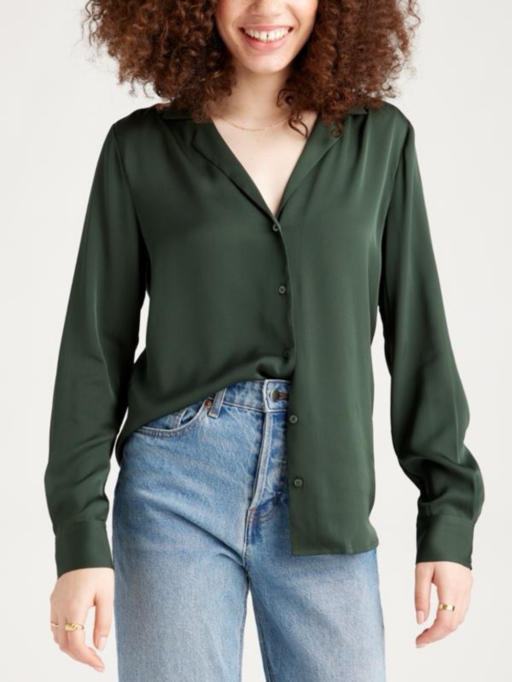 Quince Washable Stretch Silk Notch Collar Blouse Dark Green M Excellent
